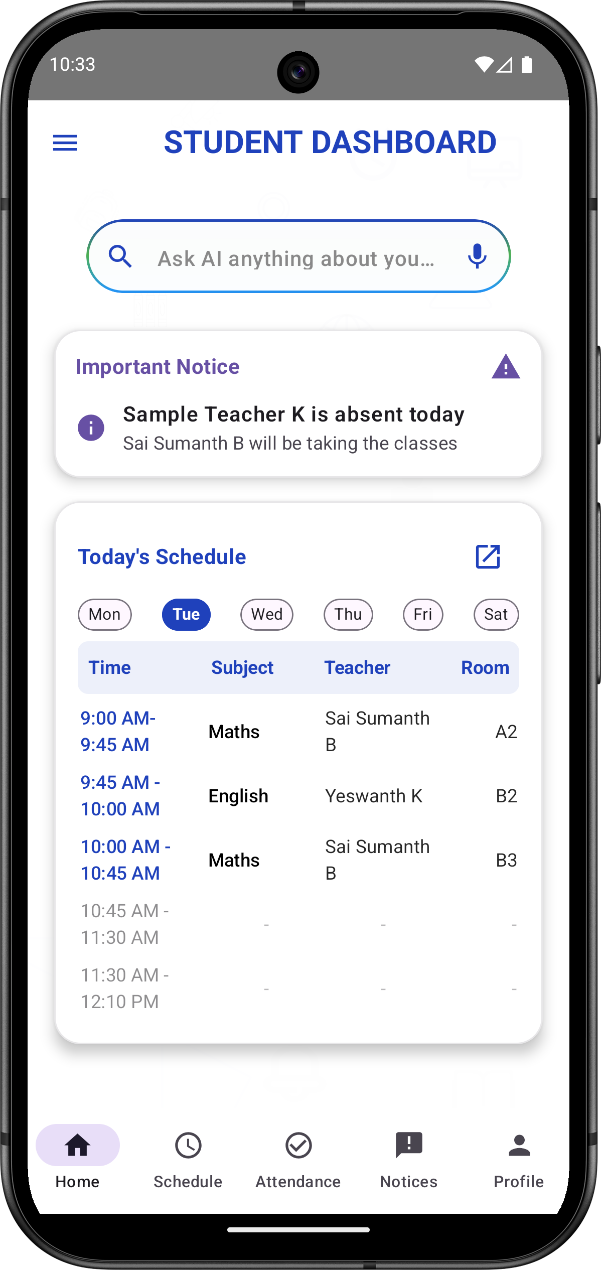School App Student Dashboard